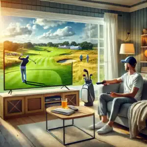 DALL·E 2024 12 07 13.00.20 A cozy living room scene with a golfer sitting on a couch watching golf on TV. The golfer is dressed casually holding a remote in one hand and weari